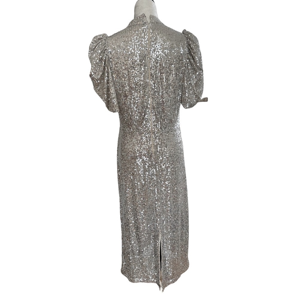 H&M Holiday Collection grey silver puff sleeves midi sequin sparkle dress - Picture 6 of 10